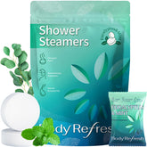 BodyRefresh shower steamers with eucalyptus and mint – closeup releasing calming aroma.