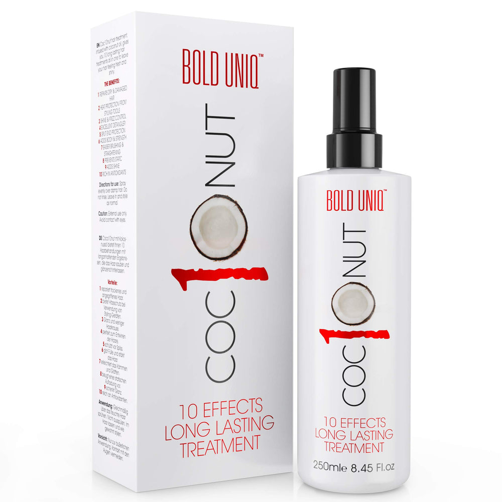 Spray de protection thermique coco Bold Uniq, flacon en avant, protège les cheveux contre la chaleur.