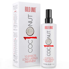 Spray de protection thermique coco Bold Uniq, flacon en avant, protège les cheveux contre la chaleur.