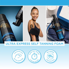 Bondi Sands Ultra Express Mousse Autobronzante – avant/après montrant un teint naturel et progressif.