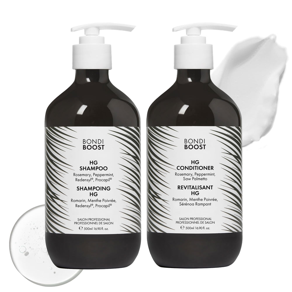 BondiBoost HG shampooing-bouteille, cheveux plus volumineux après utilisation quotidienne.