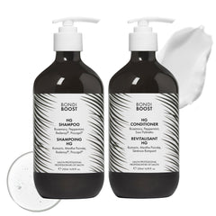 BondiBoost HG shampooing-bouteille, cheveux plus volumineux après utilisation quotidienne.