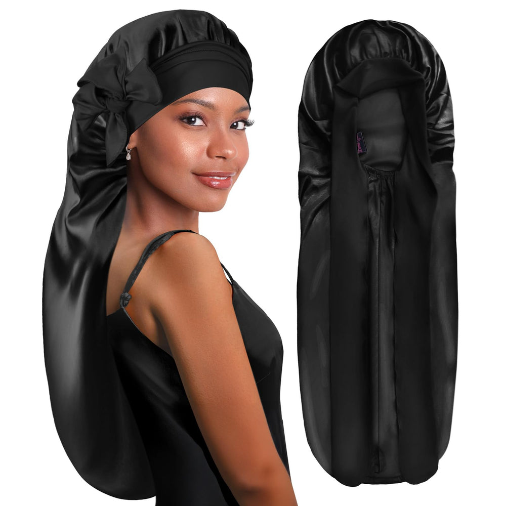 BONNET QUEEN en soie noire pour tresses, douceur et protection nocturne.