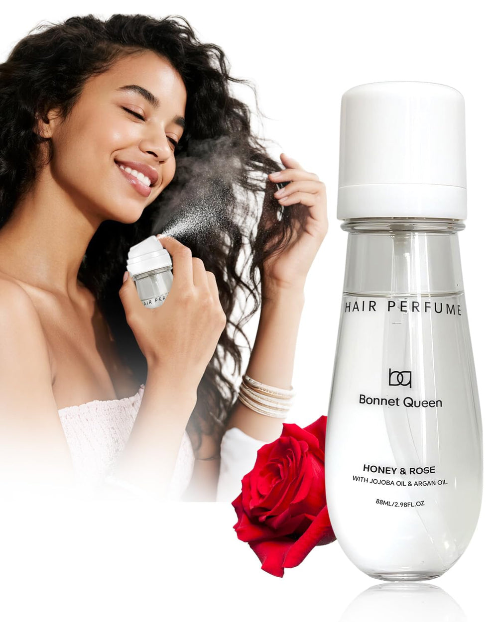 Parfum pour cheveux Bonnet Queen, flacon rose et miel, fragrance durable.
