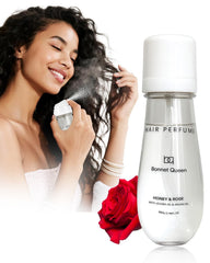 Parfum pour cheveux Bonnet Queen, flacon rose et miel, fragrance durable.