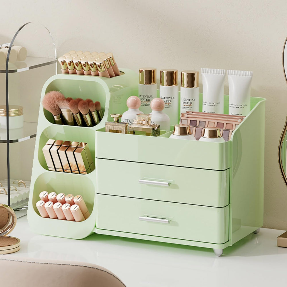 Booklov Organisateur Maquillage avec tiroirs sur vanity, rangement élégant et pratique.