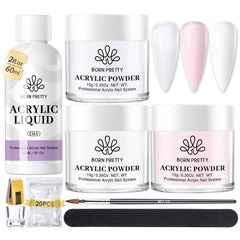 Marque Born Pretty, poudre acrylique transparente pour une finition naturelle.