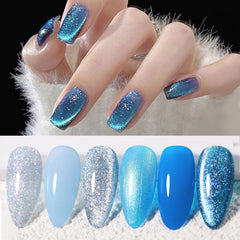Vernis gel bleu nacré Born Pretty, reflets irisés sur les ongles.