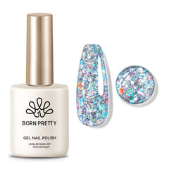 Vernis gel Born Pretty paillettes multicolores sur bouteille, rendu éclatant et durable.