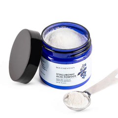 Bos Essentials poudre acide hyaluronique pure dans bouteille, hydratation rapide.