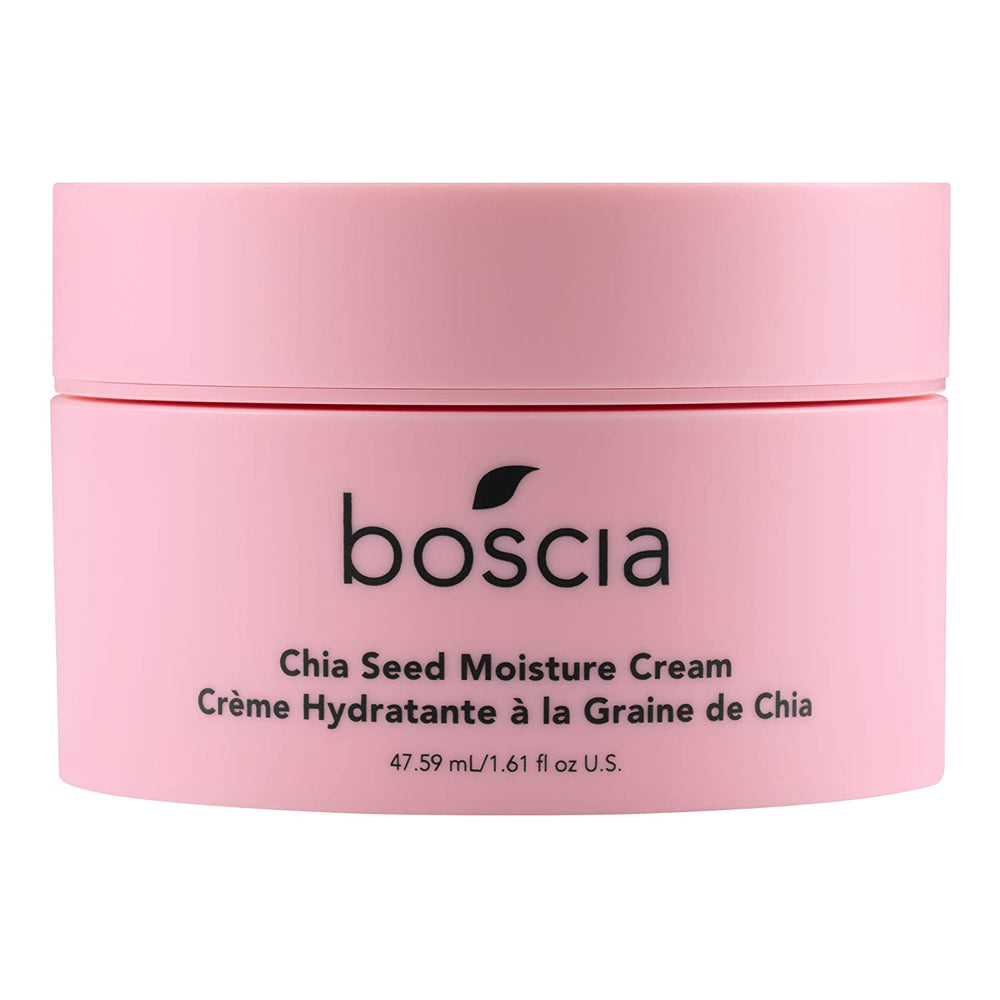 Boscia Crème hydratante aux graines de chia sur flacon; hydratation durable pour peau sèche.