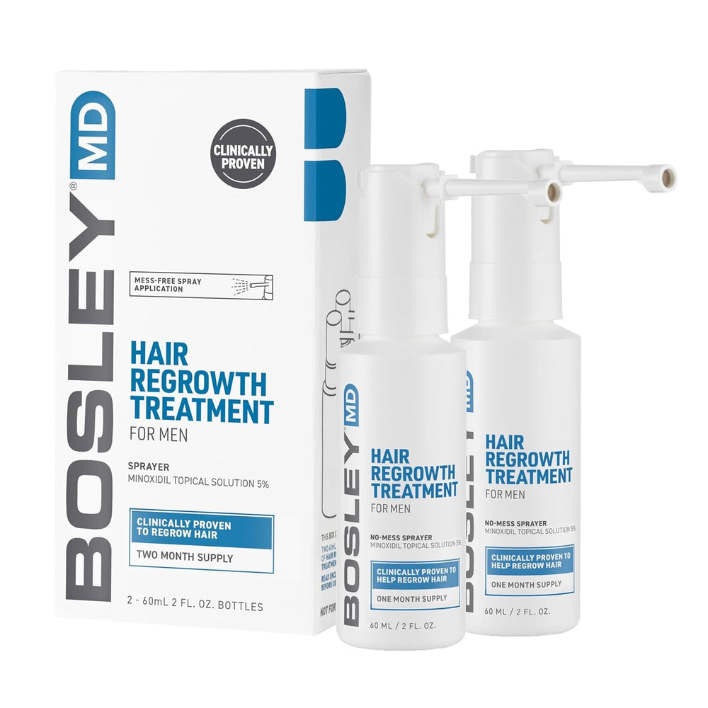 BosleyMD Minoxidil Spray sans désordre sur la bouteille pour une utilisation propre.