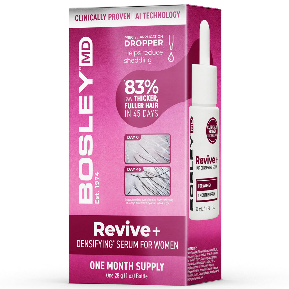 BosleyMD Revive+ sérum bouteille : application facile pour cheveux plus volumineux.
