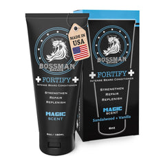 Bossman Fortify – flacon barbe intense, poils plus denses après application.