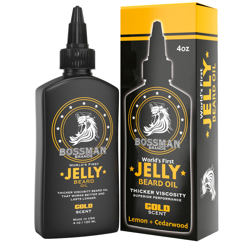 Bossman gel de barbe bouteille Or pour hydratation facile et efficace.
