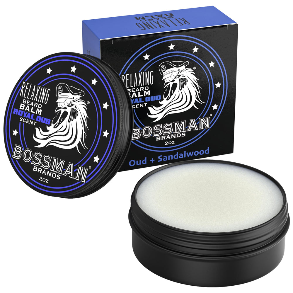 Bossman Relaxing Beard Balm Royal Oud dans sa bouteille, utilisation facile et contrôlée.