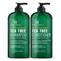 Botanic Hearth Shampoing Tea Tree en bouteille, clarifie le cuir chevelu et rafraîchit les cheveux.