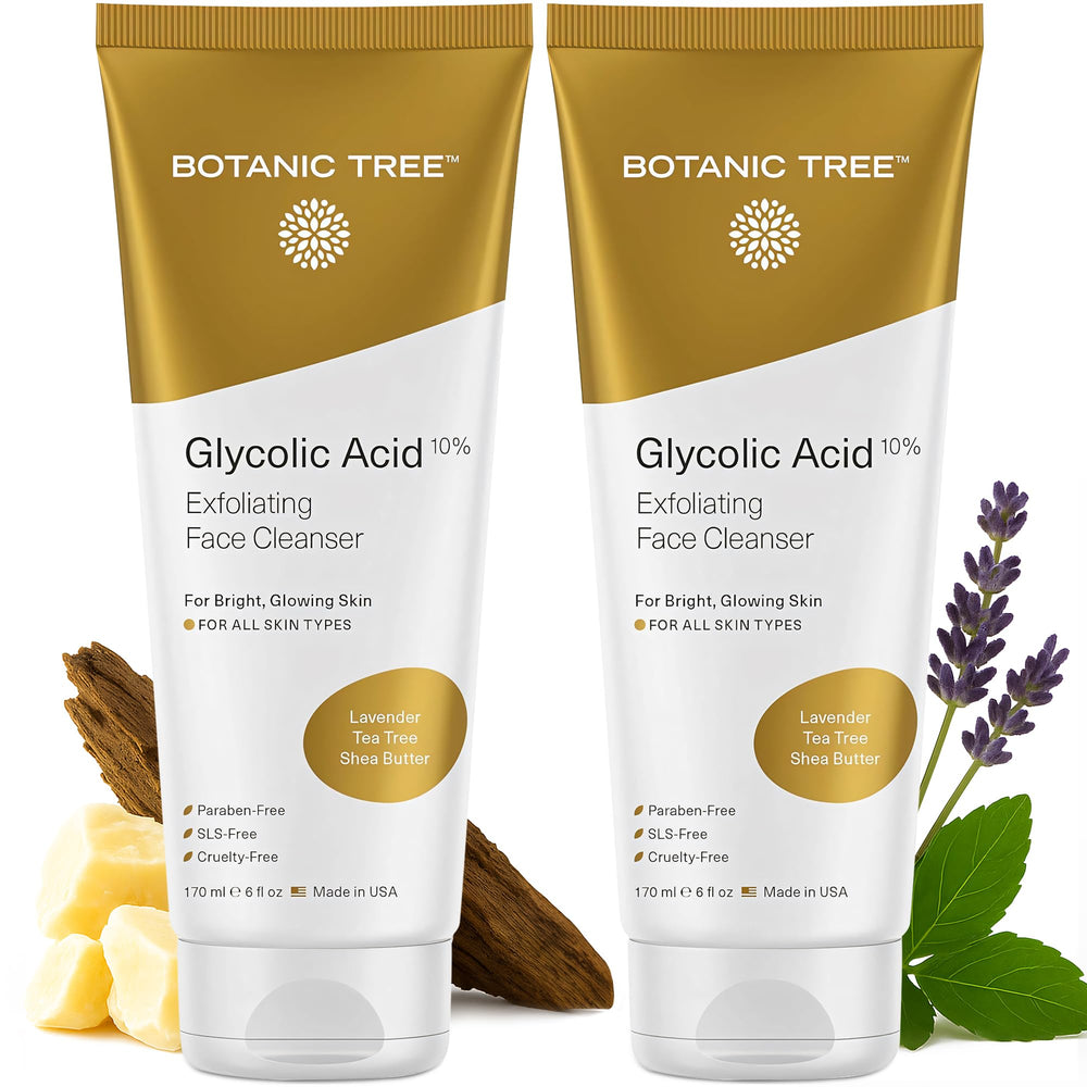 Botanic Tree nettoyant facial glycolique : bouteille prête pour un nettoyage en douceur.