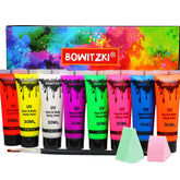 Maquillage UV néon Bowitzki pour visage et corps, éclat sous lumière noire.