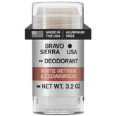 Bravo Sierra déodorant: bouteille blanche, parfum boisé Vetiver blanc et Cèdre.