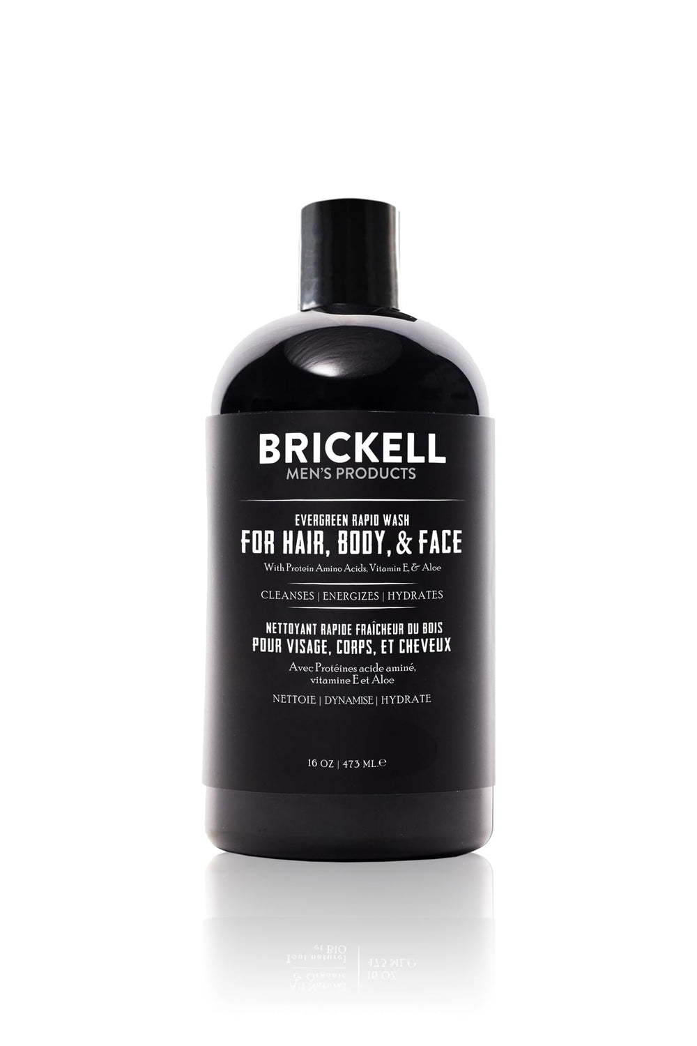 Brickell Rapid Wash bouteille pompe verte, nettoie cheveux et corps en une étape pratique.