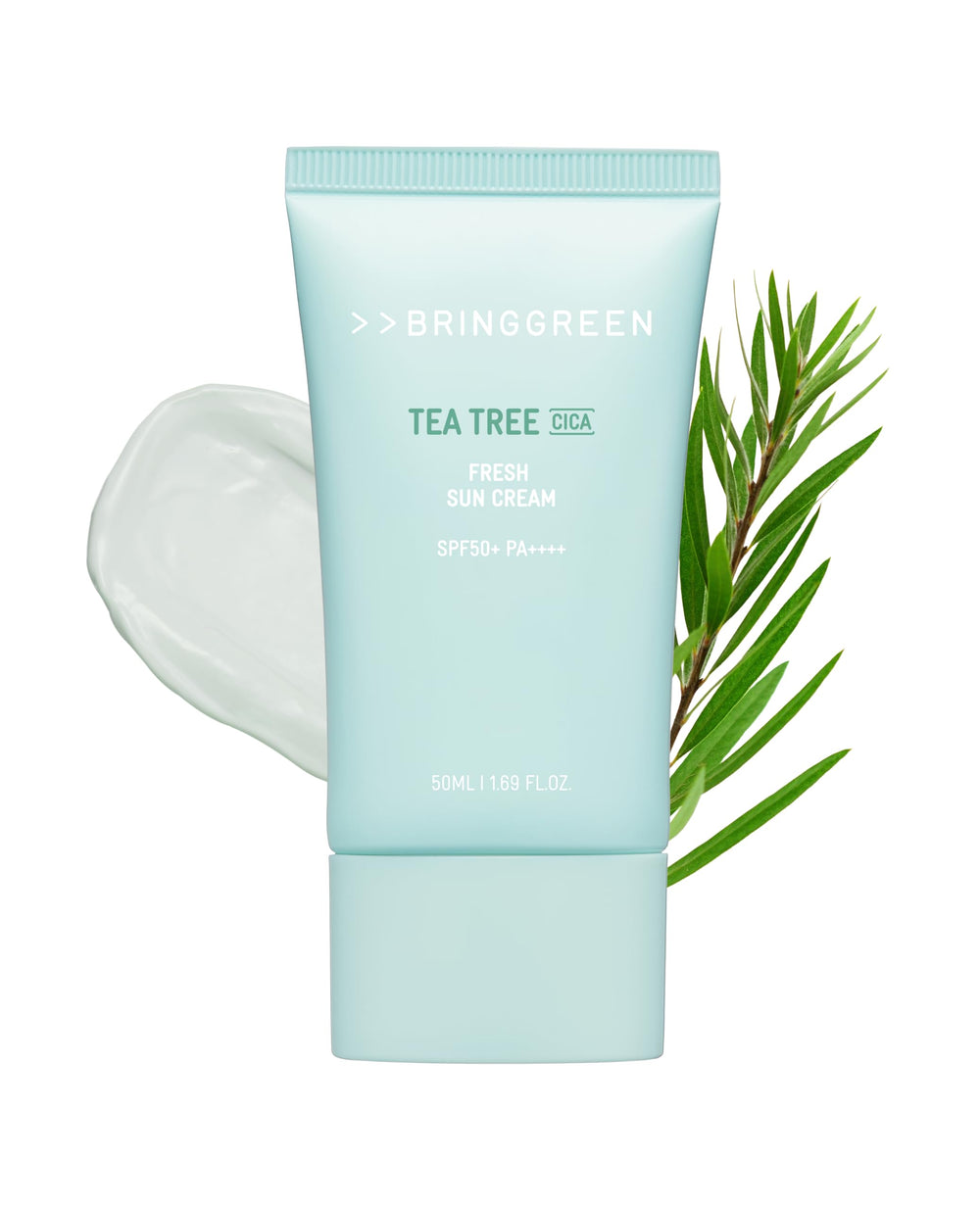 BRING GREEN Protection Solaire Minérale Tea Tree CICA, flacon pratique pour l'usage quotidien.