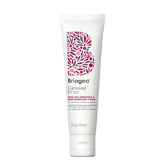 Briogeo Farewell Frizz bottle close-up showing silicone-free heat protection for silky blowouts.