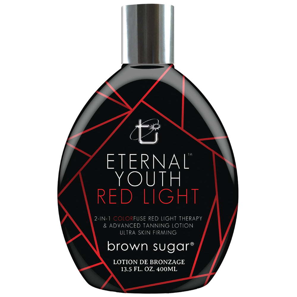 Brown Sugar Eternal Youth Lotion – bouteille, bronzage uniforme et hydratation durable.