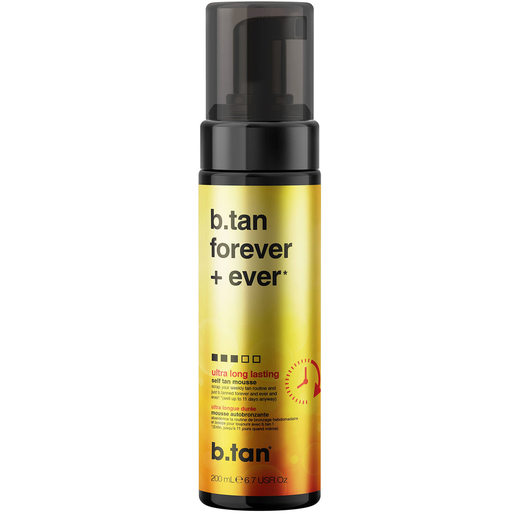 Mousse auto-bronzante B.TAN – teinte bronze durable sans parfum.