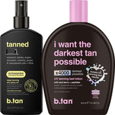 B.TAN tanning oil bottle close-up showing a fast, even dark tan possibility.