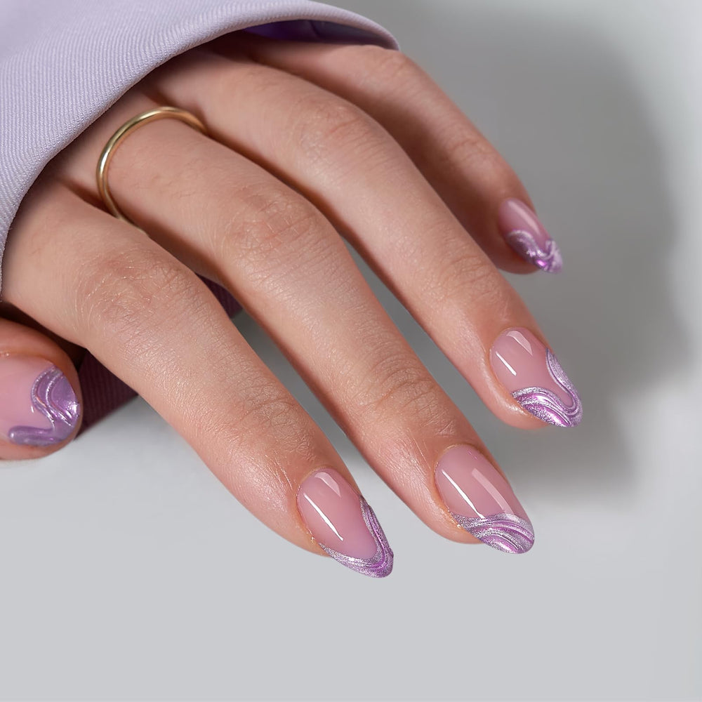 BTArtbox French Tip Press On Nails with lamp-curable chrome, short almond shape for natural looking wear
