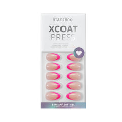 BTArtbox Ongles press-on Almond Berry French: pointe française et gel souple pour confort.