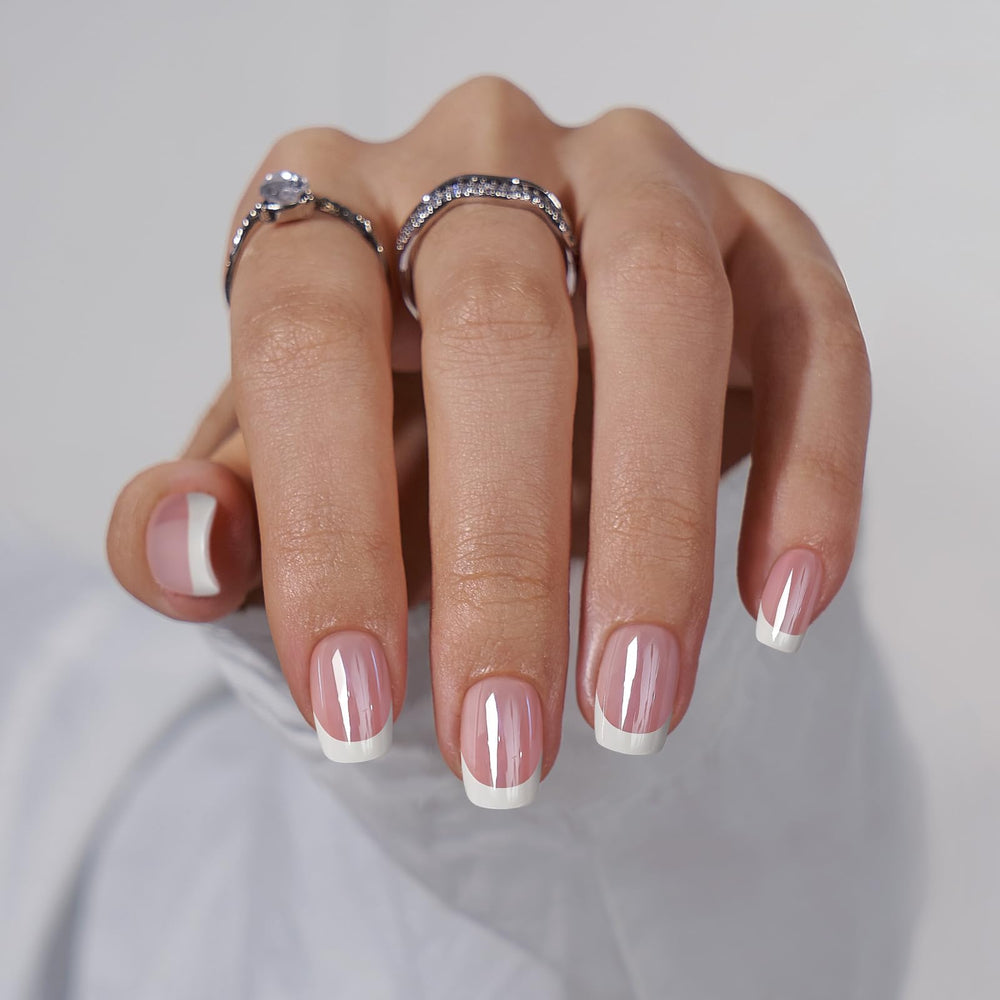 BTArtbox white French tip press-on nails with chrome glaze for a salon-like shimmer