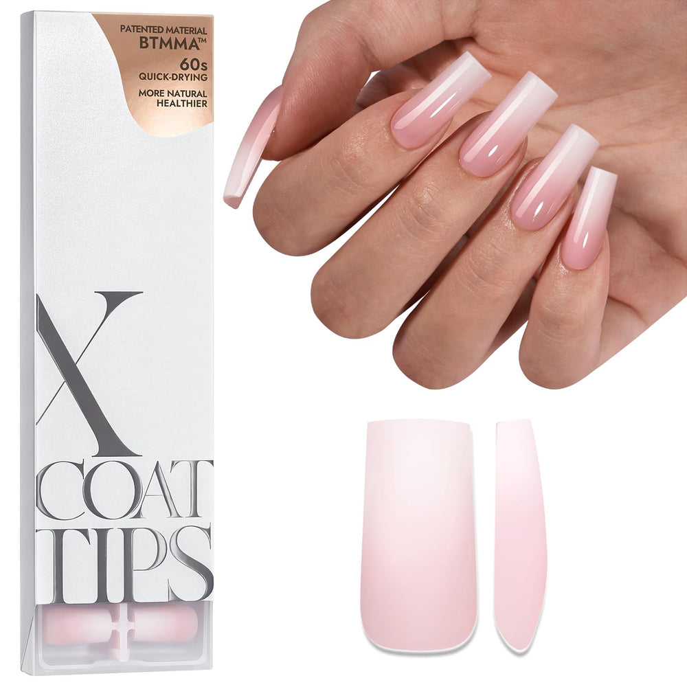 BTArtboxnails XCOATTIPS Ombre rose et blanc: ongles carres longs, look elegant.
