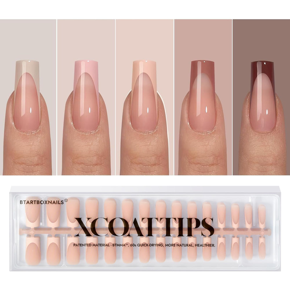 BTArtboxnails XCOATTIPS: ongles à pointe française longs carrés, teint peau clair, facile à poser