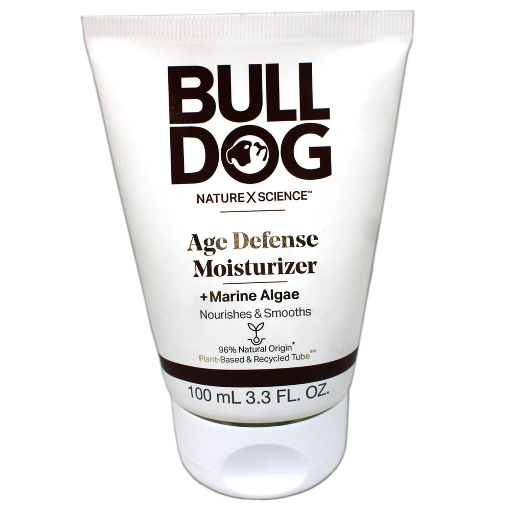 Bulldog Age Defense crème visage bouteille, hydratation quotidienne et confort.