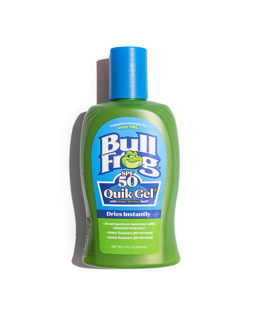Bullfrog Quik Gel protection solaire – bouteille SPF50, application rapide et légère.