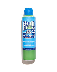 Bullfrog Quik Spray SPF50 sur bouteille, protection solaire pratique.