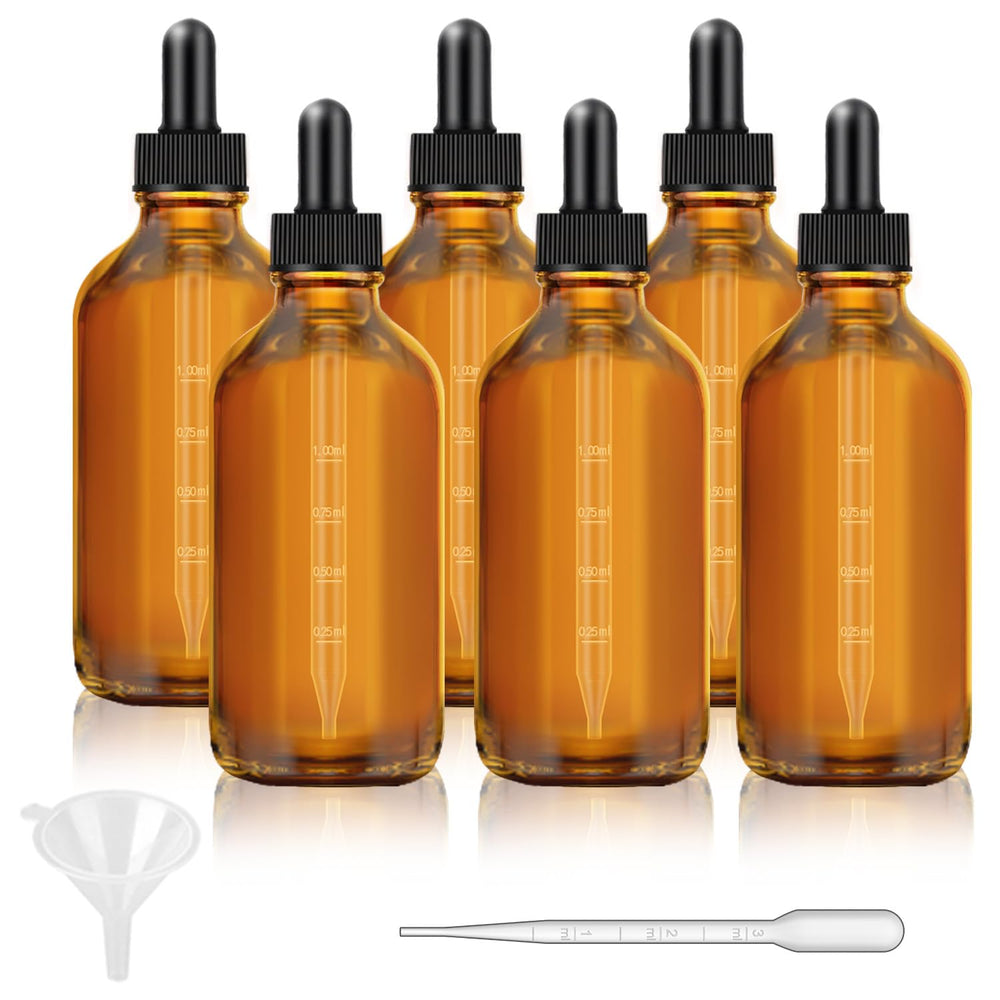 Bumobum: ensemble de bouteilles ambrées en verre avec pipettes pour huiles essentielles.