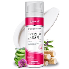 BUNUSS Estriol face cream bottle close-up showing hydration potential