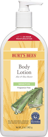 Burt's Bees body lotion bottle for sensitive skin delivering up to 24-hour hydration