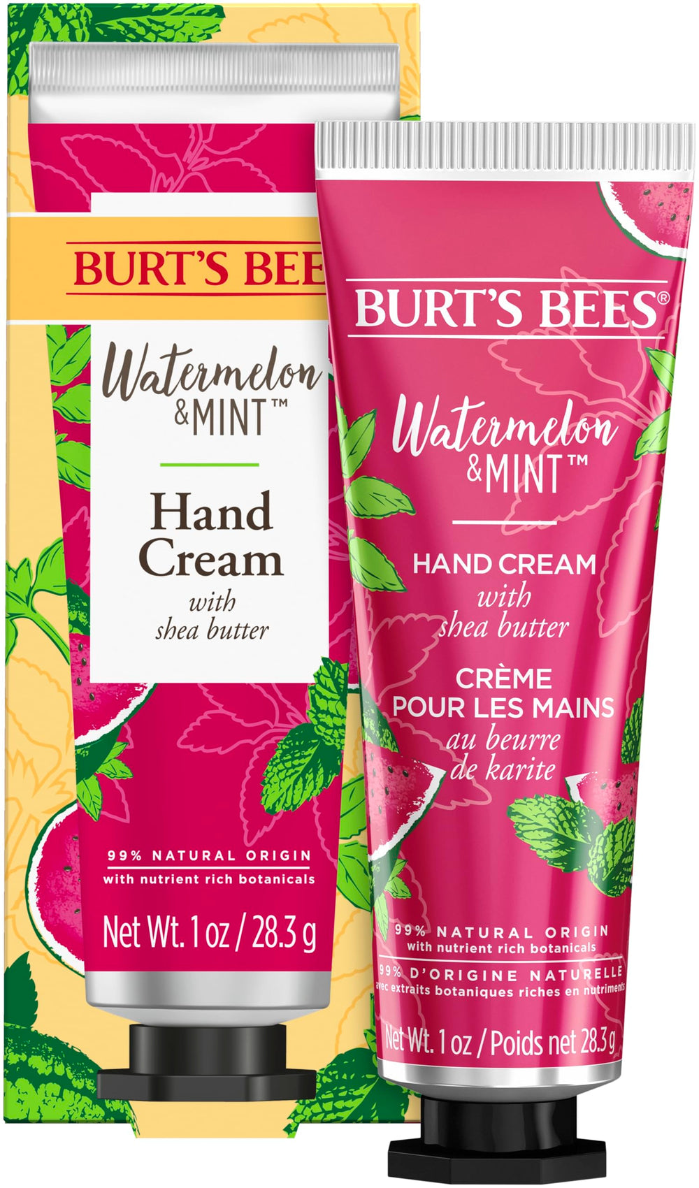 Crème pour les mains Burt's Bees Melon Menthe, bouteille hydratante et parfum frais.