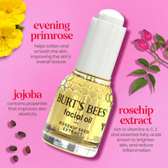 Ingrédients clés Burt's Bees: rosehip, jojoba et onagre dans l'huile visage.