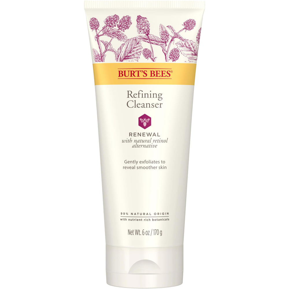 Nettoyant Burt's Bees Renewal: bouteille visible et peau nette après nettoyage en profondeur.