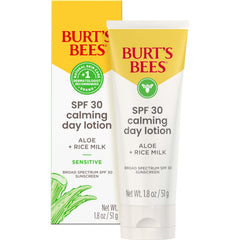 Burt's Bees SPF30 crème jour apaisante avec aloe et lait de riz pour peau sensible.