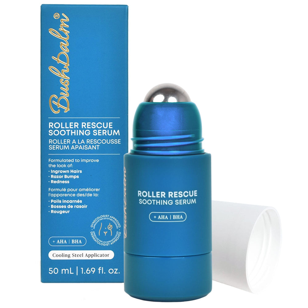 Bushbalm Roller Rescue serum bottle close-up with cooling, soothing formula.