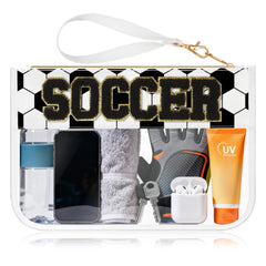 Sac maquillage BuyCard transparent avec patch football, idéal pour voir rapidement le contenu.