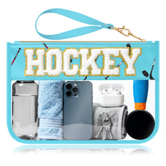 BuyCard trousse maquillage hockey avec patch chenille, design chic et pratique.