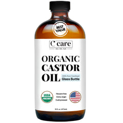 La bouteille ambrée C CARE révèle une huile de castor pure prête pour la routine beauté.