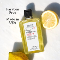 Étiquette du gel douche citron C.O. Bigelow et logo visibles.